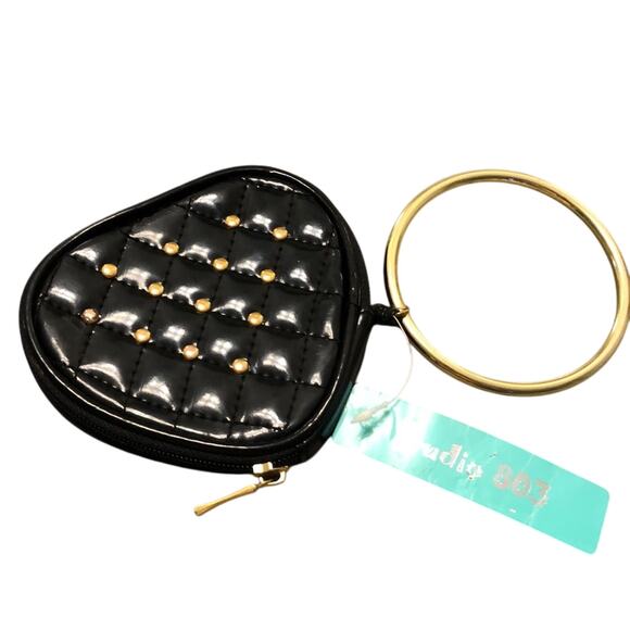 Black Zippered Bangle Wristlet Faux Leather Gold Studs Club Festival Mini Purse - Picture 1 of 5